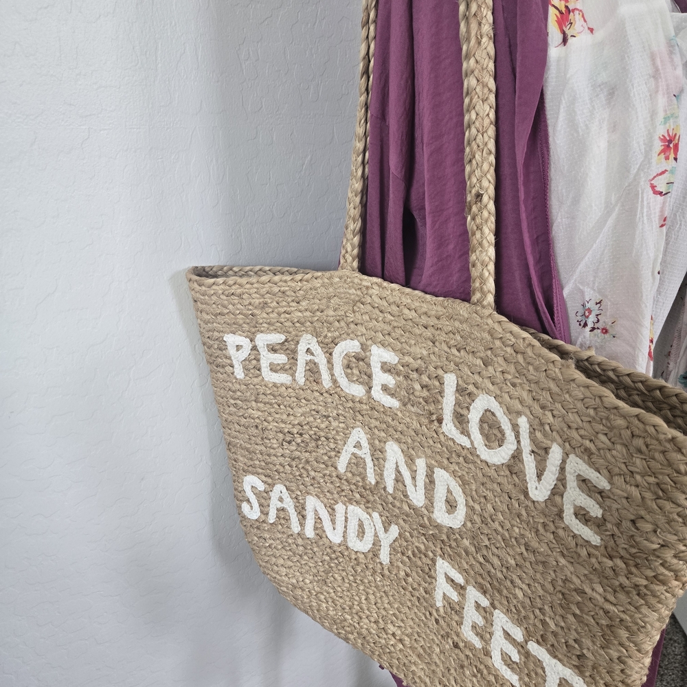 Woven Straw Tote Bag in Natural with White Lettering
